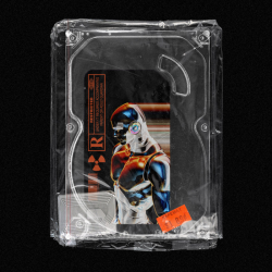 Un disque dur, avec comme étiquette un visuel créé par Arakin (Jules Hanoteau Murol). Le visuel créé par arakin montre un robot très coloré sur fond noir.